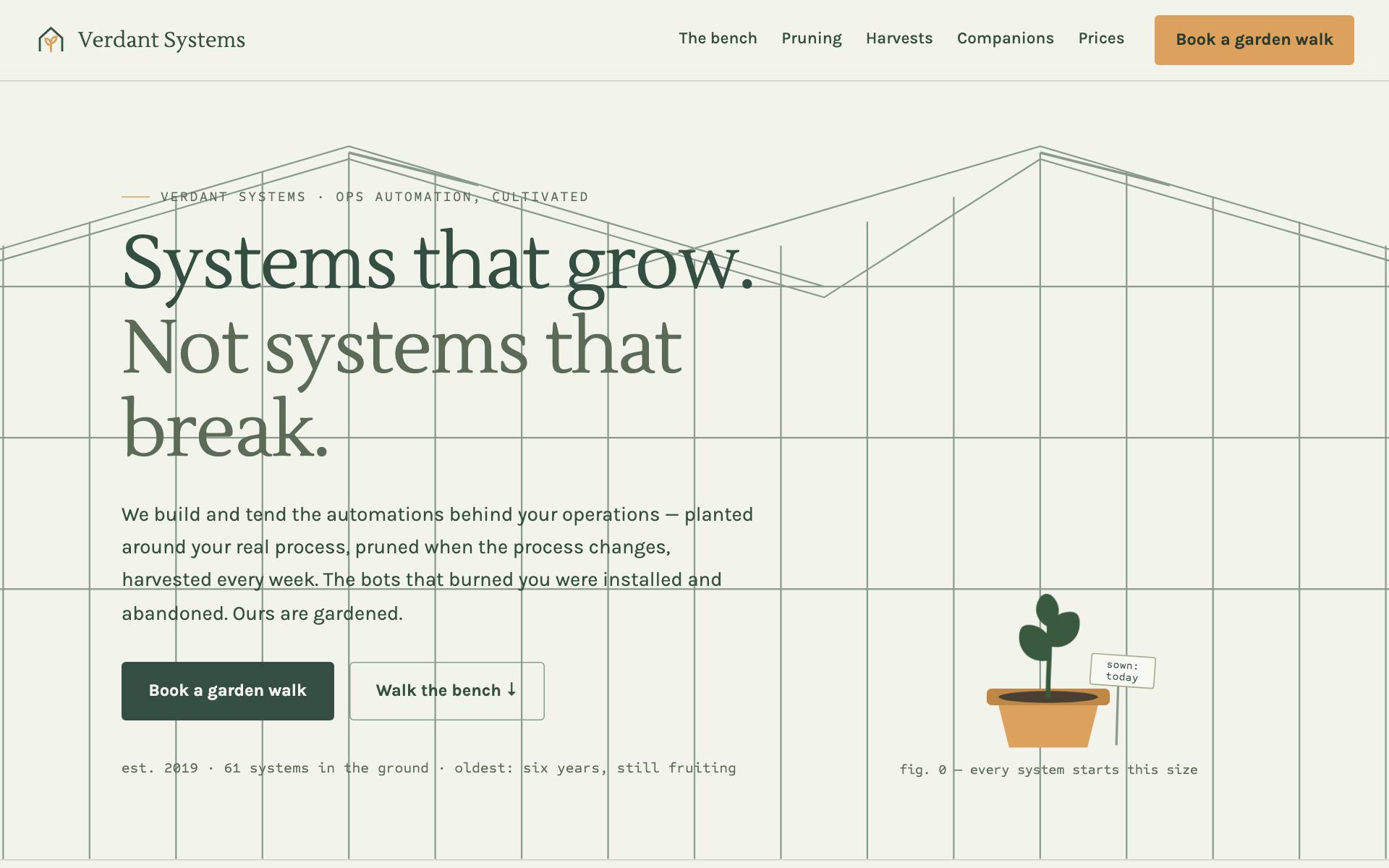 Verdant Systems — greenhouse bench where automations grow as plants
